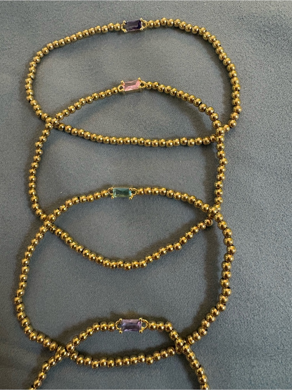Gold Bead Bracelets with Multi-Colored Stone Accent - set of 4